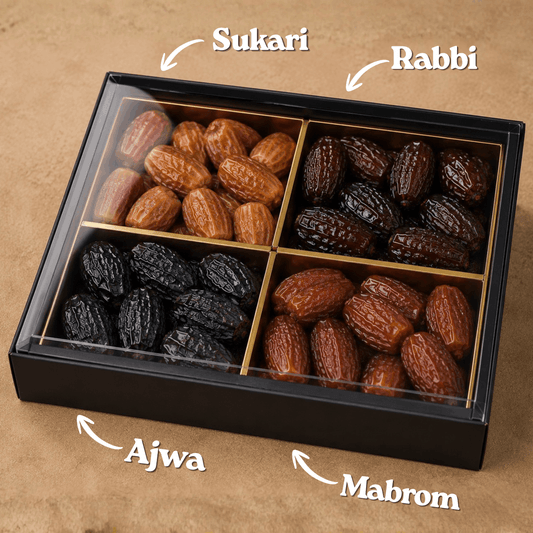 The Royal Dates Collection – 4 Premium Flavors Mix Box (Ajwa, Mabroom, Sukkari & Rabbi)